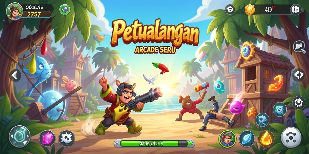 Screenshot menampilkan gameplay seru Arcade 2757 dengan aksi penuh warna.