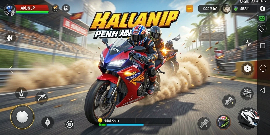Screenshot gameplay seru AKUNJP dengan balapan motor penuh aksi.