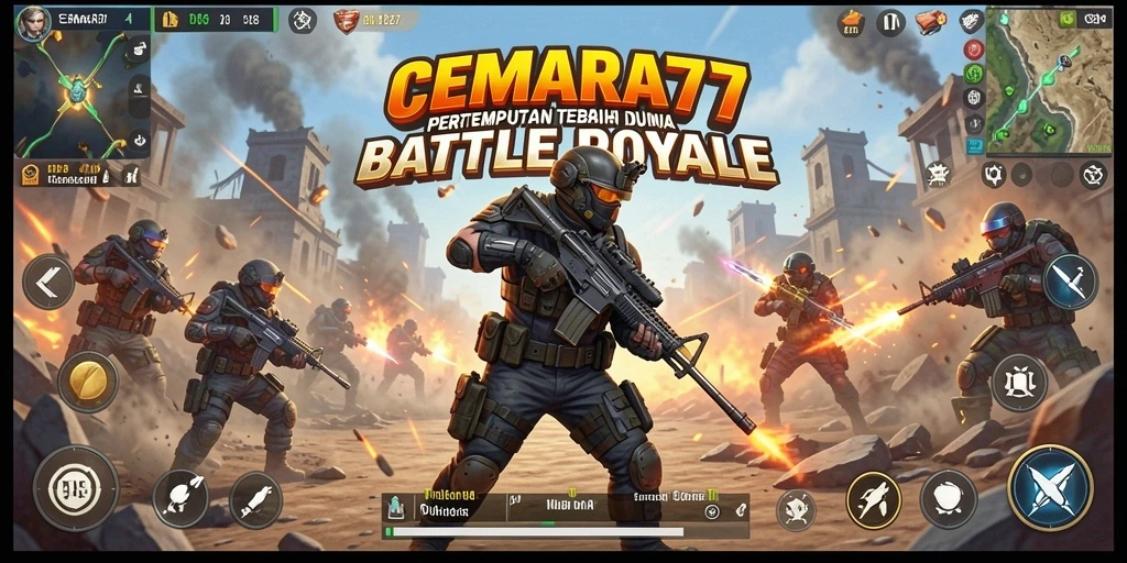 Tampilan gameplay CEMARA77 dengan aksi seru di medan pertempuran Battle Royale.