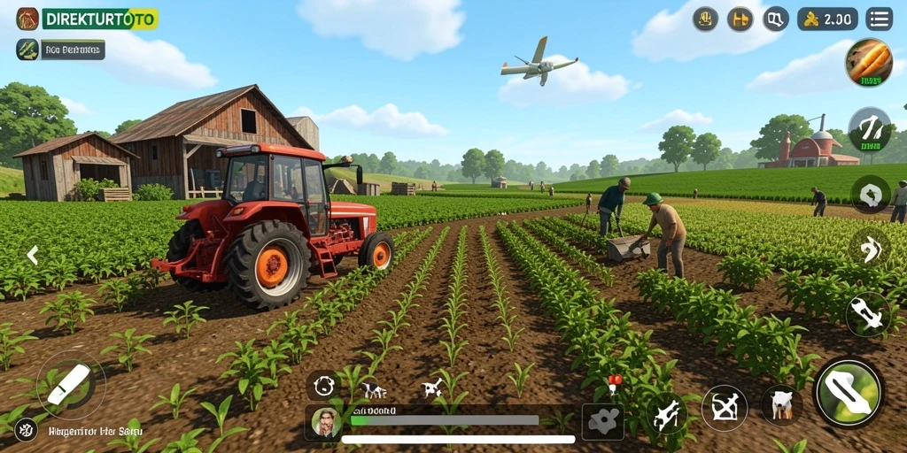 Screenshot gameplay <strong>DIREKTURTOTO</strong> yang menampilkan ladang pertanian yang subur.