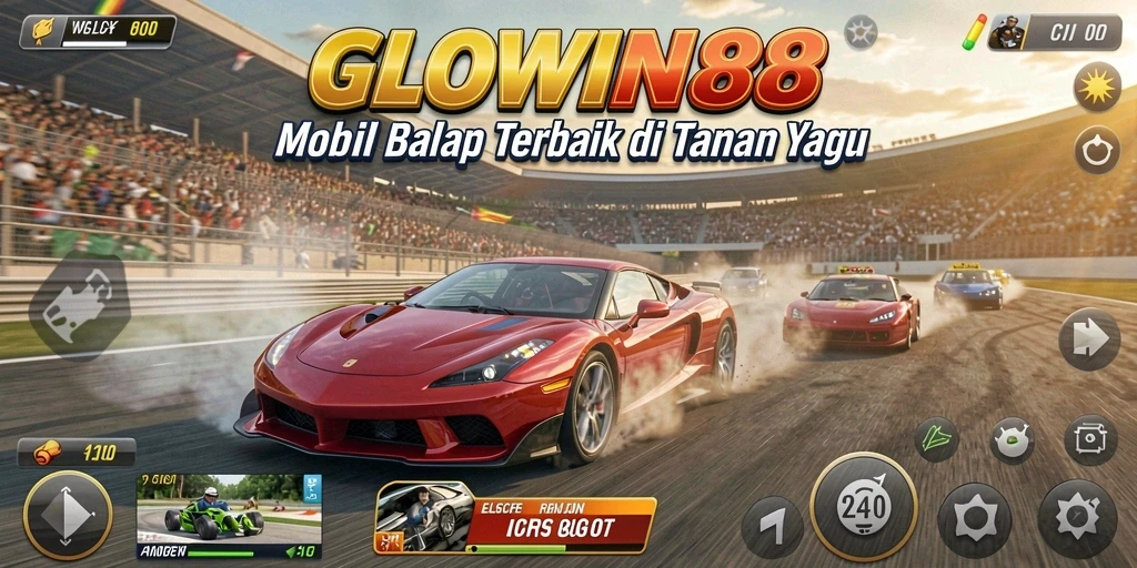 Gameplay seru GLOWIN88 dengan mobil balap di trek yang menantang.