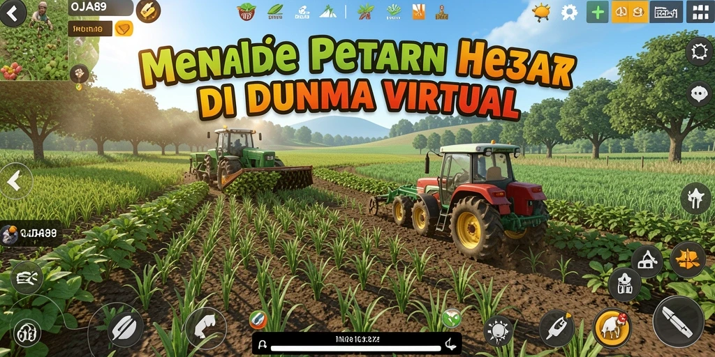 Tampilan gameplay OJA89 yang menampilkan aktivitas bertani dan panen.
