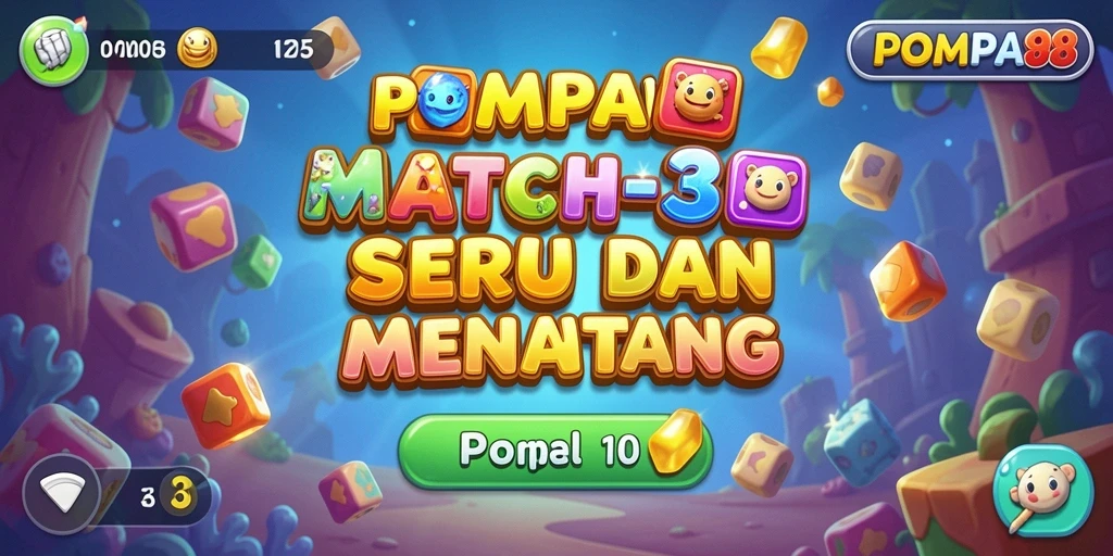 Screenshot POMPA88 menampilkan gameplay Match-3 yang menarik dan penuh warna.