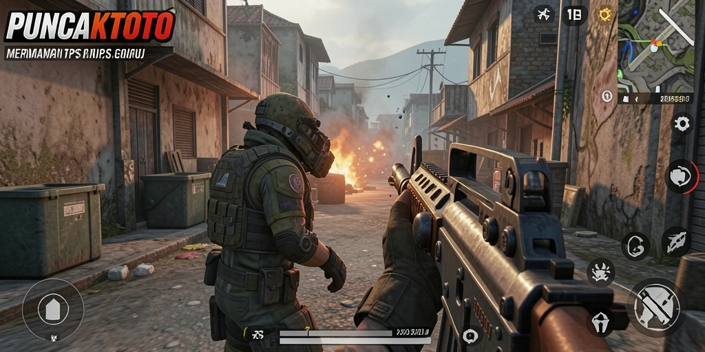 Screenshot utama PUNCAKTOTO menampilkan aksi seru dalam gameplay TPS.
