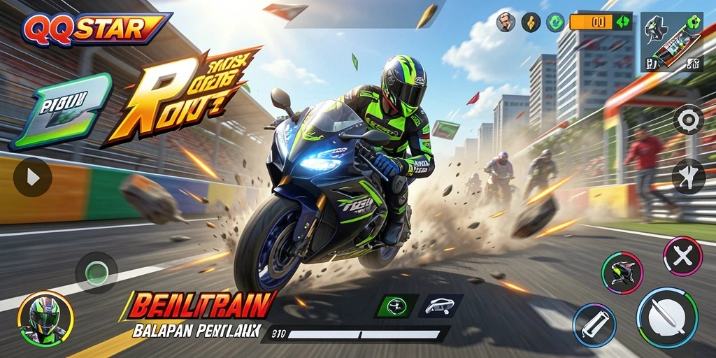Tangkapan layar gameplay <strong>QQSTAR</strong> menampilkan balapan motor yang seru dan mendebarkan.